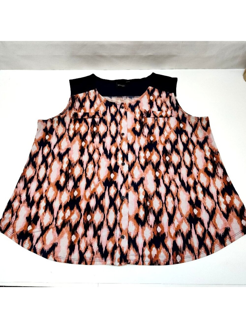 Elie McCarthy Sleeveless Blouse 1X Faux Buttons & Pockets Diamond Geometric VGC